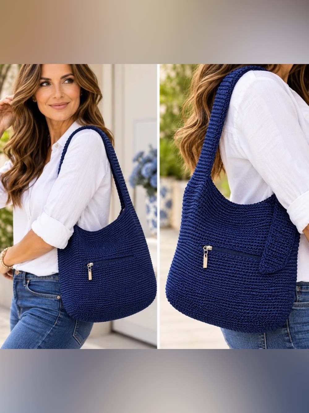 The Sak Blue Crochet Shoulder Bag Hobo Purse Woven Zip Pocket Bali Indonesia